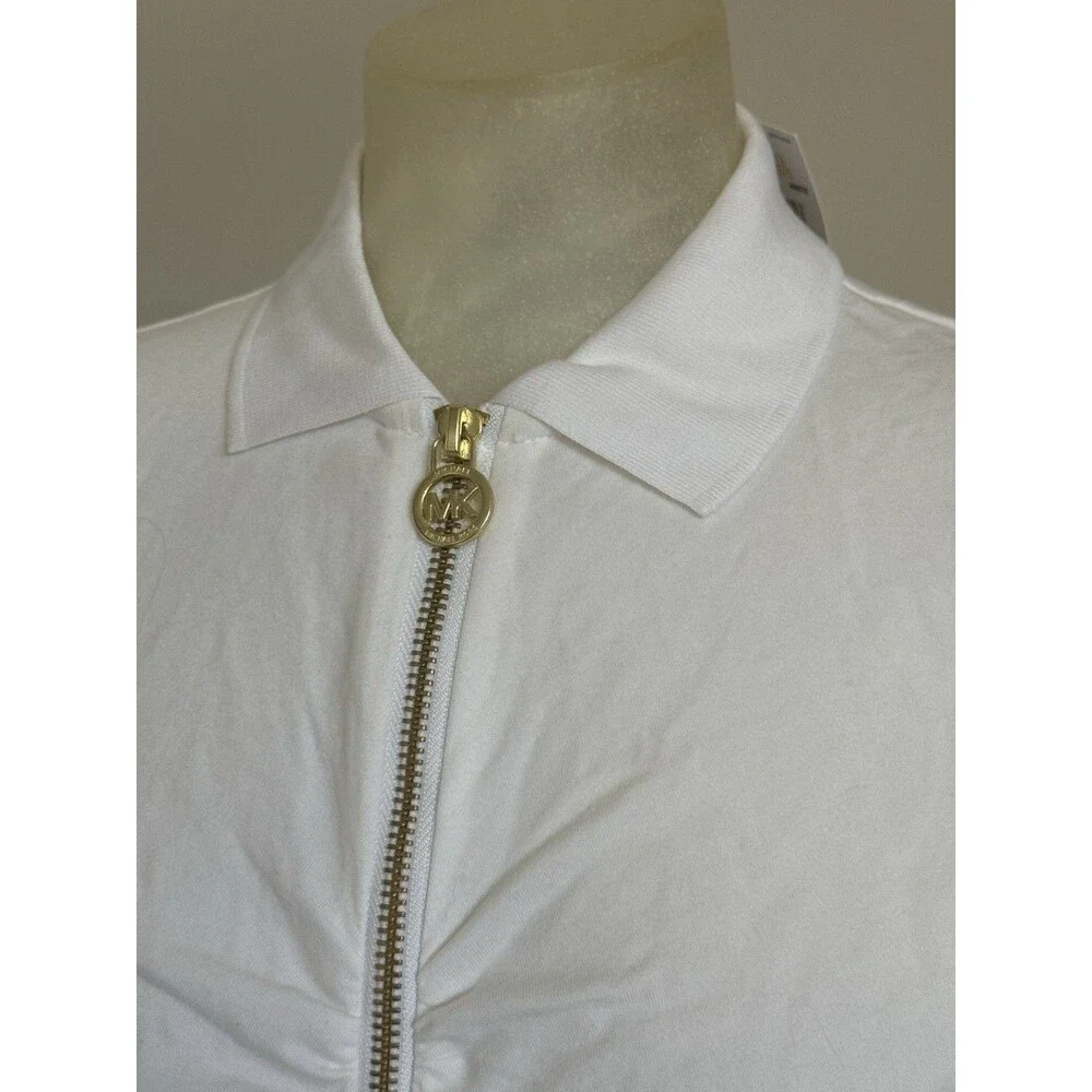 NEW Michael Kors MK Ruched Half Zip Polo T- Shirt Top Women’s White Sz XS